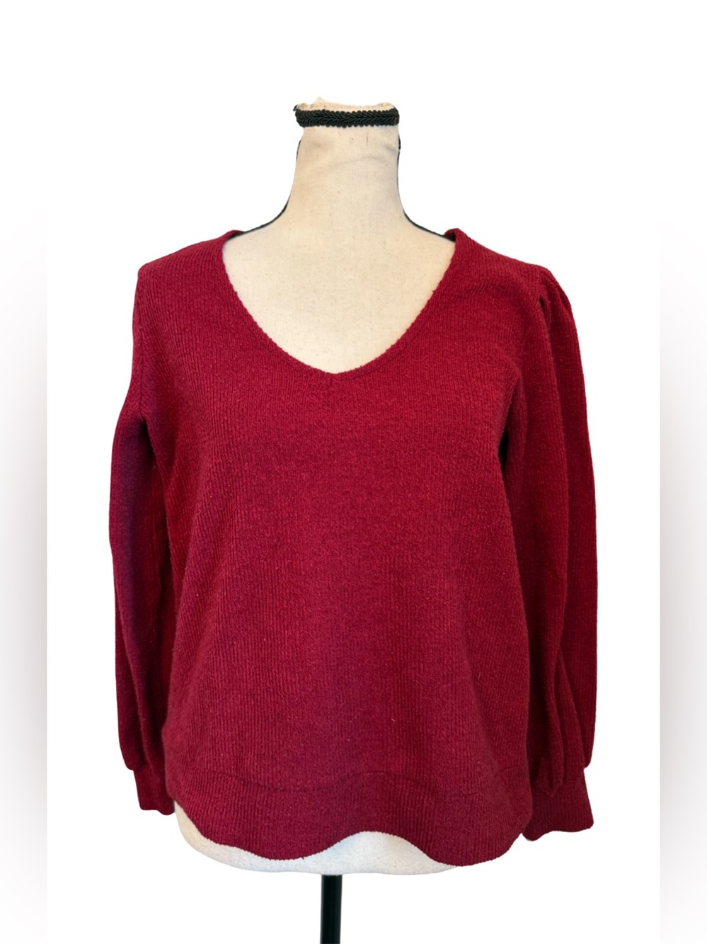 Gibson Look XS Red V-Neck Puff Sleeve Sweater Soft Knit Pullover 21x25
